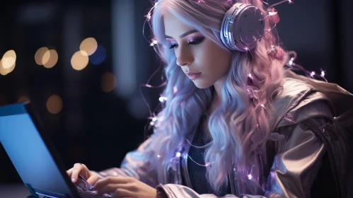 Young Woman with Silver Hair and Headphones at Work