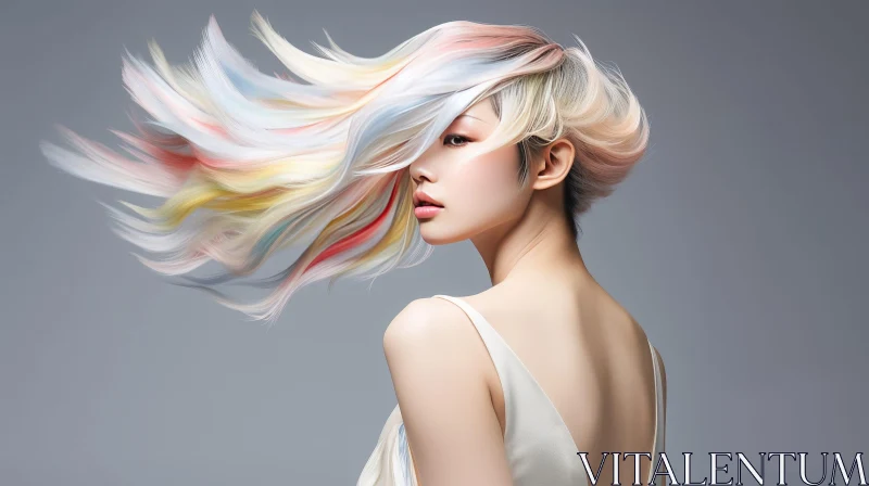 Stylish Woman with Colorful Hairstyle in Elegant Dress AI Image