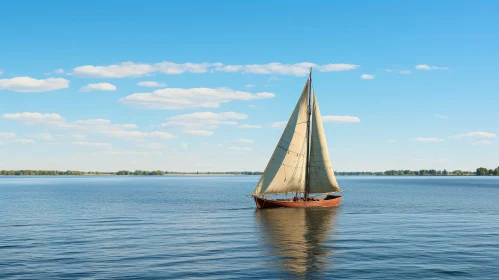 Tranquil Sailing Boat on Lake with Green Trees