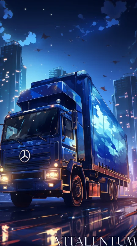 Blue Truck in City Night Digital Painting AI Image