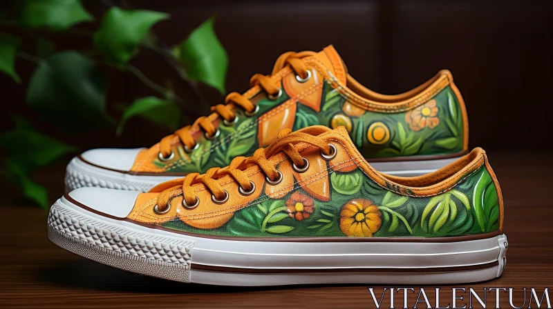 Custom Floral Design Orange Sneakers AI Image