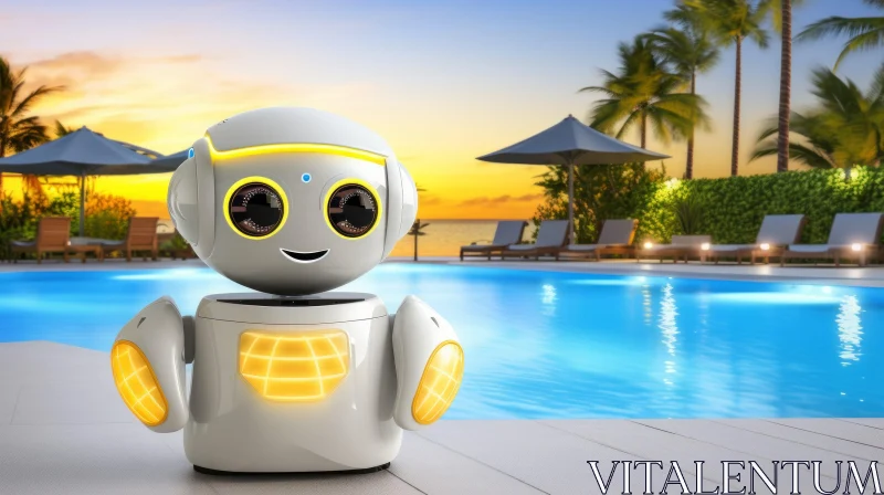 Enchanting White Robot by Pool at Sunset AI Image