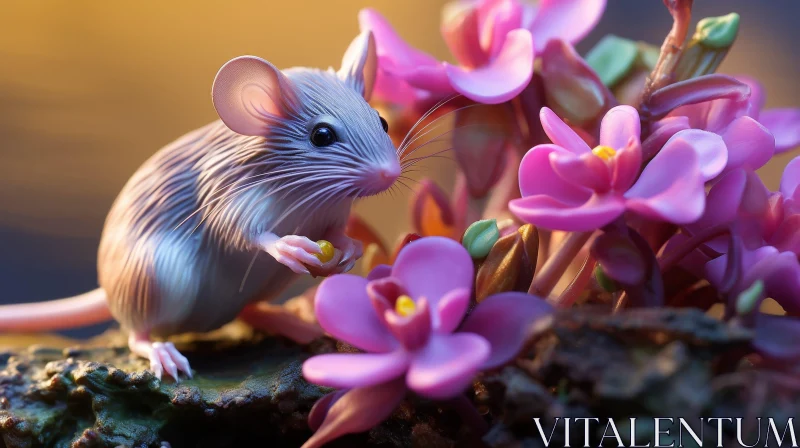 AI ART Gray Mouse on Moss-Covered Rock with Pink Flowers