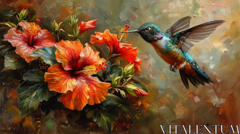 Hummingbird and Hibiscus Flower Painting AI Image
