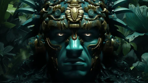 Mayan Warrior Portrait in Dark Green and Blue