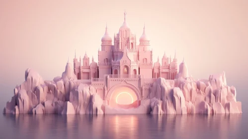 Pink Castle on Rocky Cliff 3D Rendering