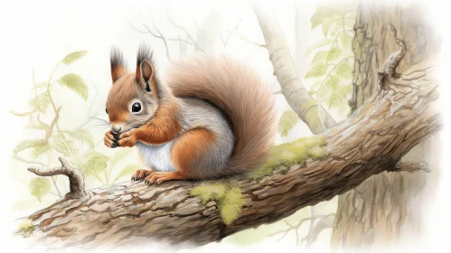 Red Squirrel on Tree Branch in Forest - Wildlife Scene