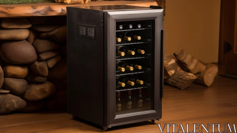 AI ART Sleek Black Wine Cooler in Modern Room with Firewood