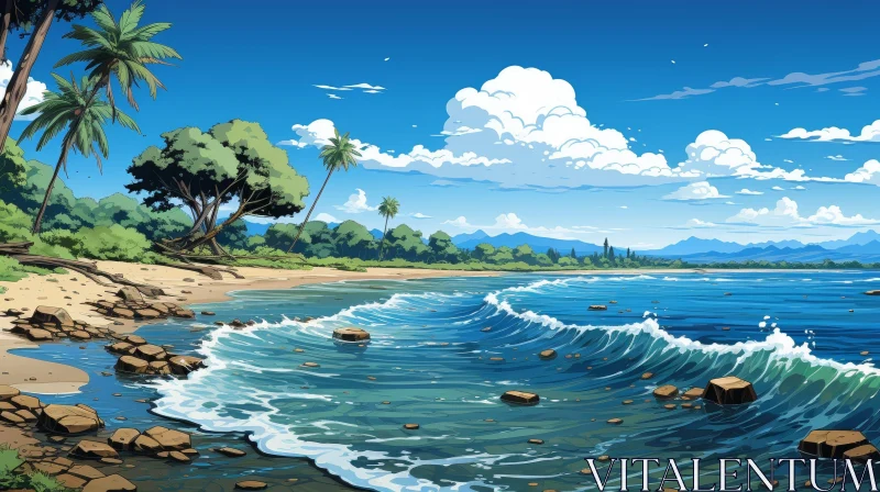 AI ART Tranquil Beach Landscape with Sea and Mountains