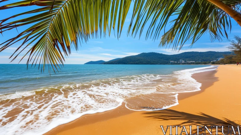 Tranquil Tropical Beach with Palm Trees and Calm Blue Sea AI Image