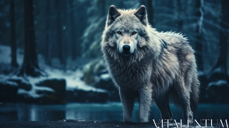 White Wolf in Snowy Forest - Red-eyed Wolf on Rock AI Image