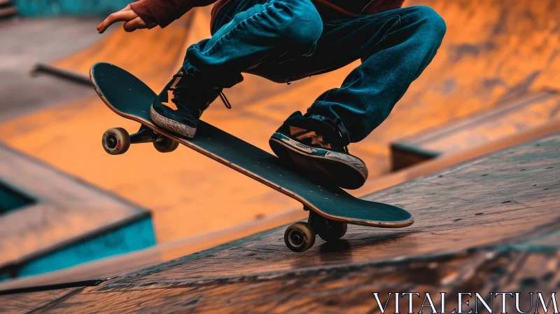 Young Skateboarder Ollie on Wooden Ramp AI Image