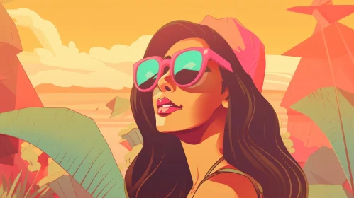 Young Woman Vector Illustration in Pink Hat and Sunglasses