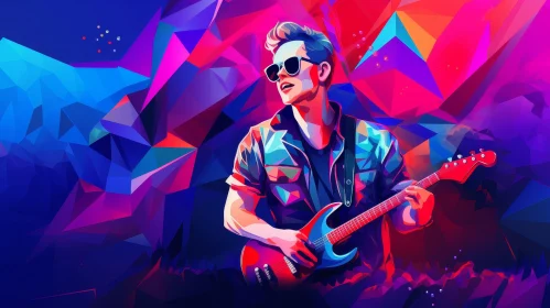 Electric Guitar Player in Colorful Abstract Scene