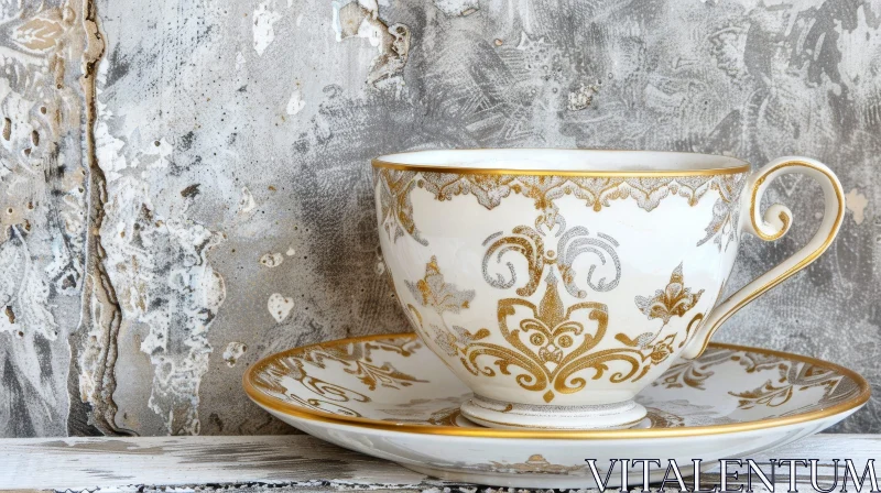 AI ART Elegant White and Gold Teacup with Silver Spoon on Saucer