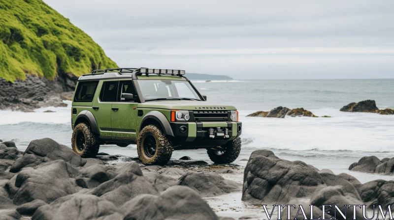 Green Land Rover Parked with Rocks - Adventure Themed AI Image