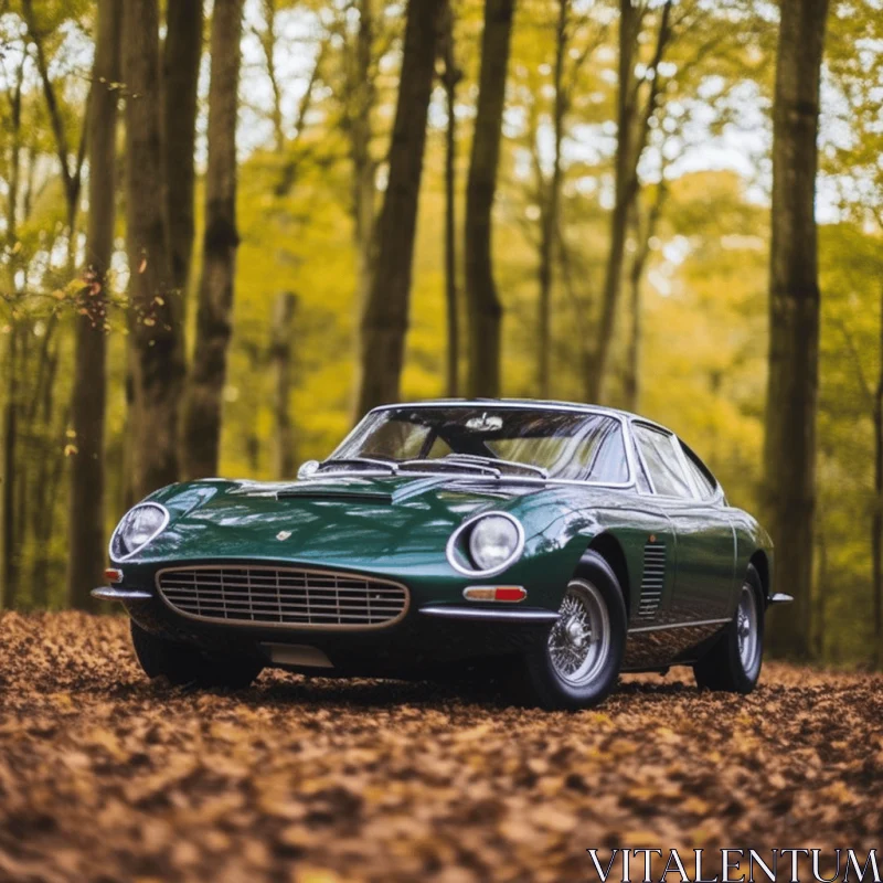 Green Sports Car in Enchanting Forest - Captivating Nature Photography AI Image