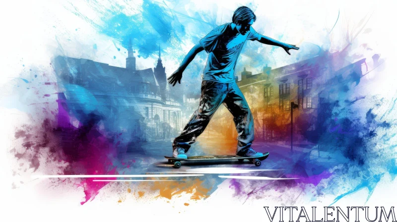 Urban Watercolor Painting of Young Man Skateboarding AI Image