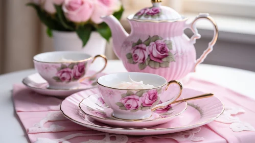 Charming Pink and White Porcelain Teapot with Teacups