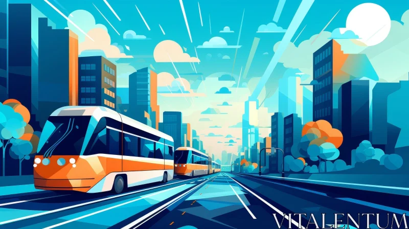 AI ART Futuristic Cityscape Illustration with Tram