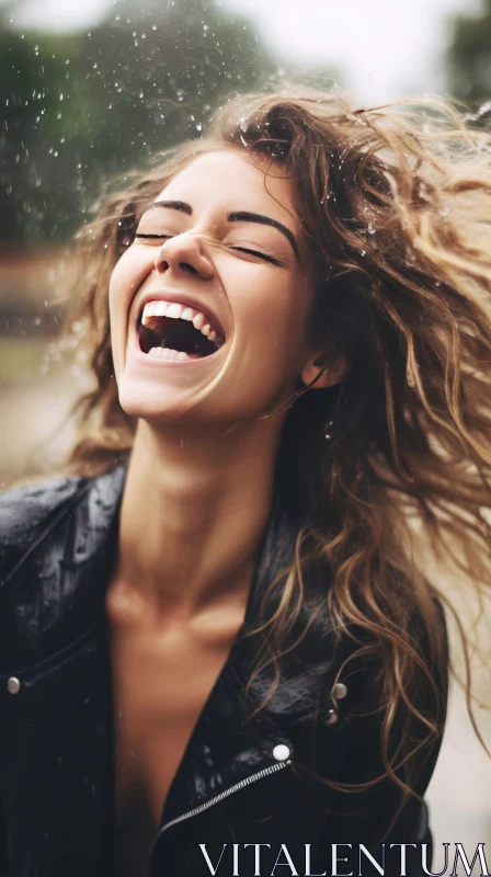 AI ART Laughing Woman in Rain with Curly Hair