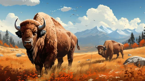 Majestic Bison Painting in Nature Field