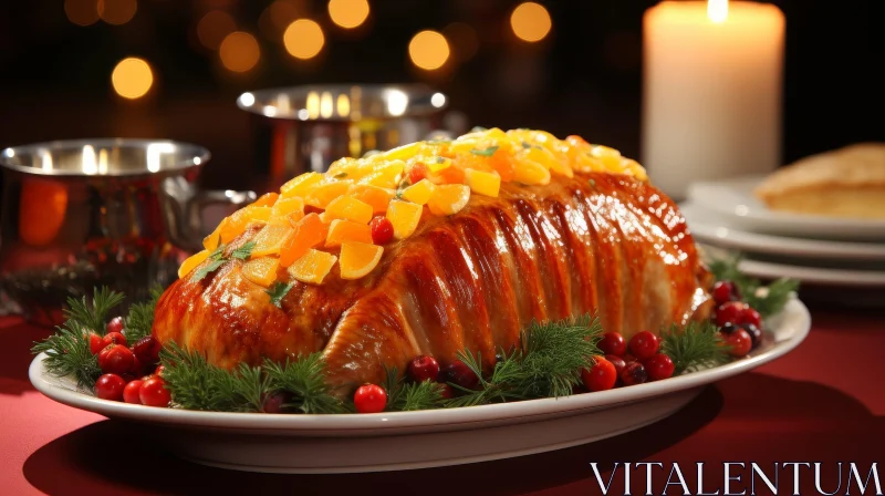 Roasted Turkey Feast with Cranberries and Candles AI Image