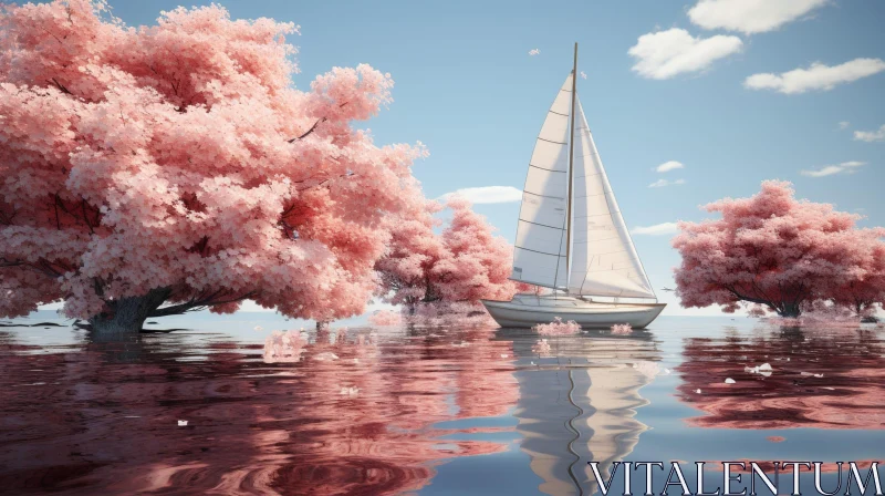 AI ART Tranquil Lake Landscape with Cherry Blossom Trees and Sailboat