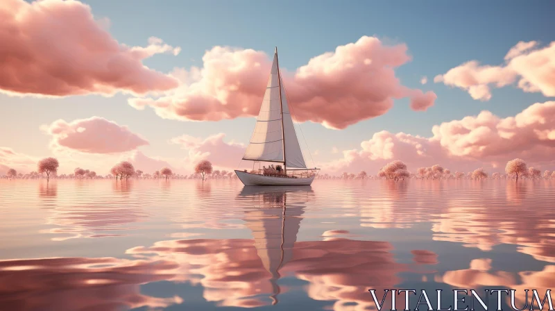 Tranquil Lake Landscape with Sailboat AI Image