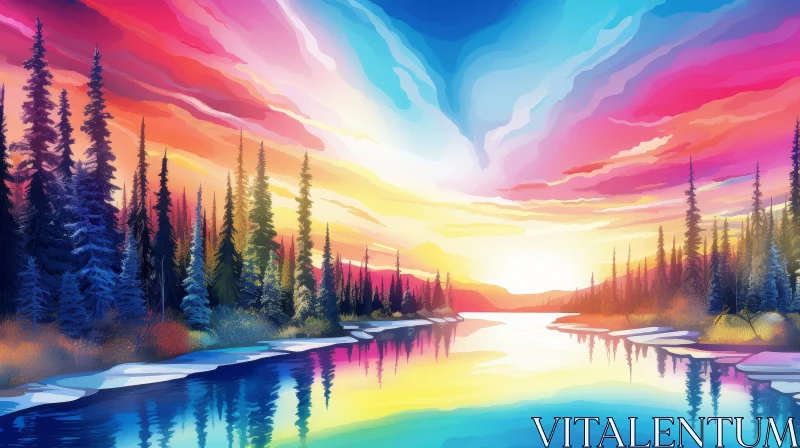 Tranquil Landscape Painting with Colorful Sky AI Image