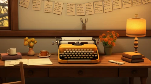 Vintage Writer's Desk with Typewriter and Flowers