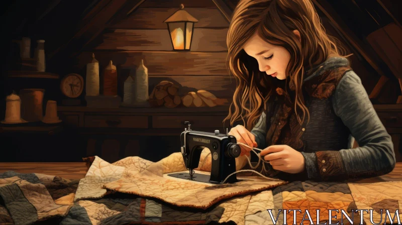 Young Girl Sewing Quilt in Dimly Lit Room - Peaceful Scene AI Image