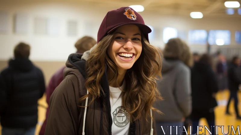 Young Smiling Woman in Brown Cap AI Image