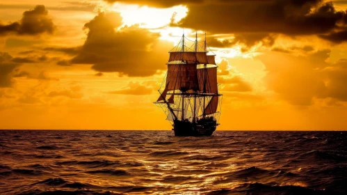 Captivating Sunset over Ocean with Tall Ship Silhouette