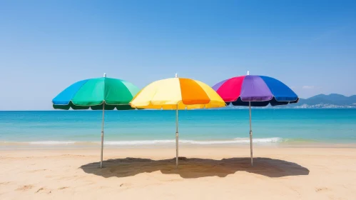 Colorful Beach Umbrellas on Sandy Beach