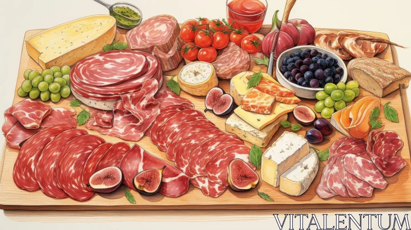 AI ART Delicious Cheese, Meats, Fruits & Vegetables on Wooden Board