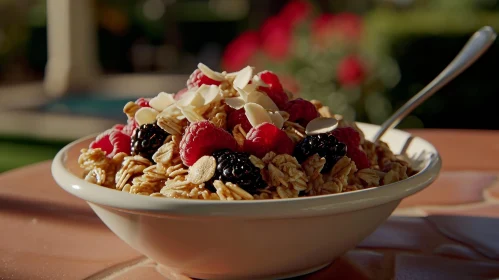 Delicious Oatmeal with Berries and Almonds on Pink Table