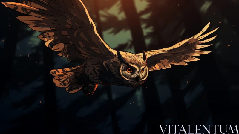 AI ART Enchanting Owl in Flight Through Dark Forest