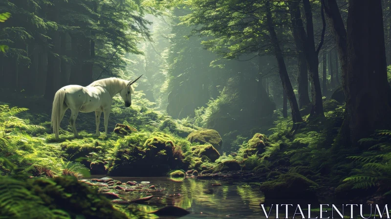 Enchanting Unicorn in Forest by River AI Image