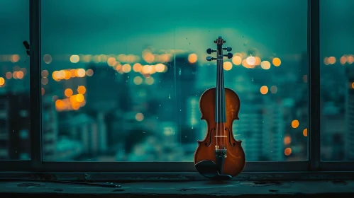 Enchanting Violin on Window Sill with Cityscape Background