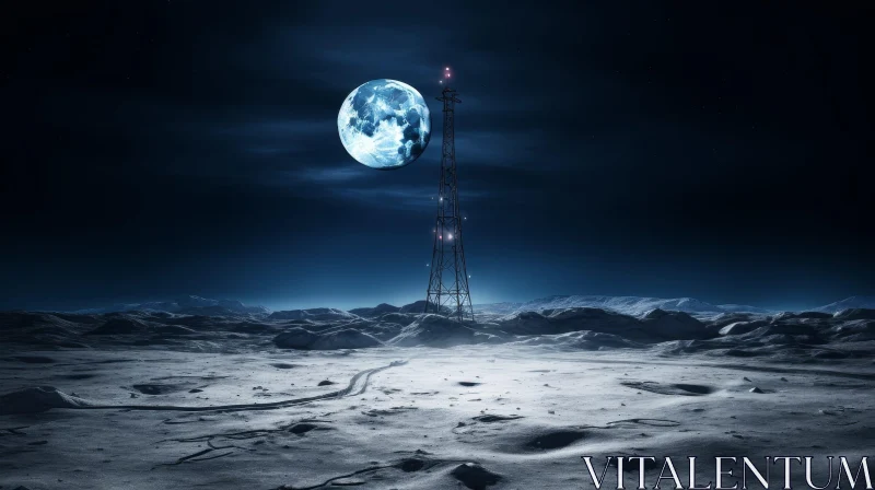 Enigmatic Night Landscape with Blue Moon and Snow-covered Mountains AI Image