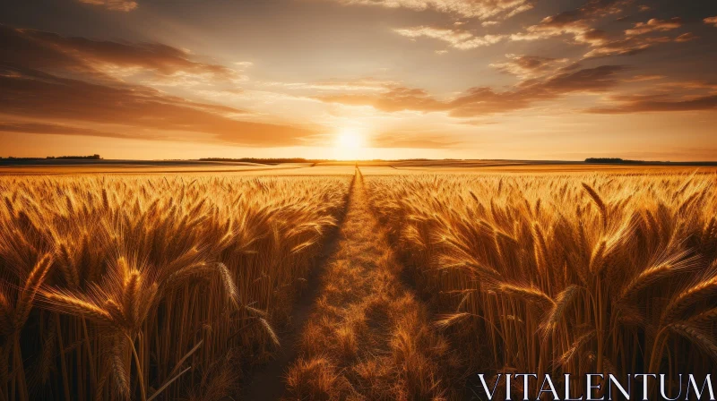 Golden Glow: Serene Wheat Field Sunset Landscape AI Image