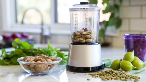 Modern Kitchen Counter with Healthy Ingredients and Blender