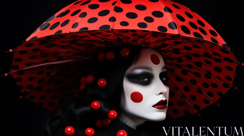 Serious Expression of Woman in Polka Dot Umbrella Hat AI Image