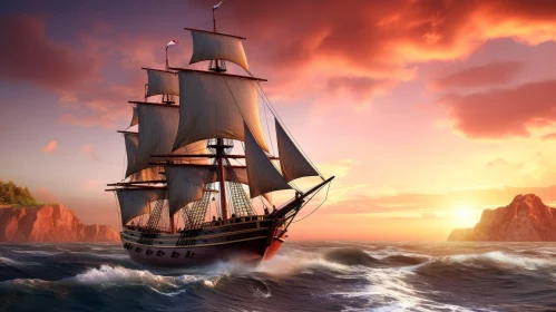 Tall Ship Sailing on Rough Sea - Digital Painting