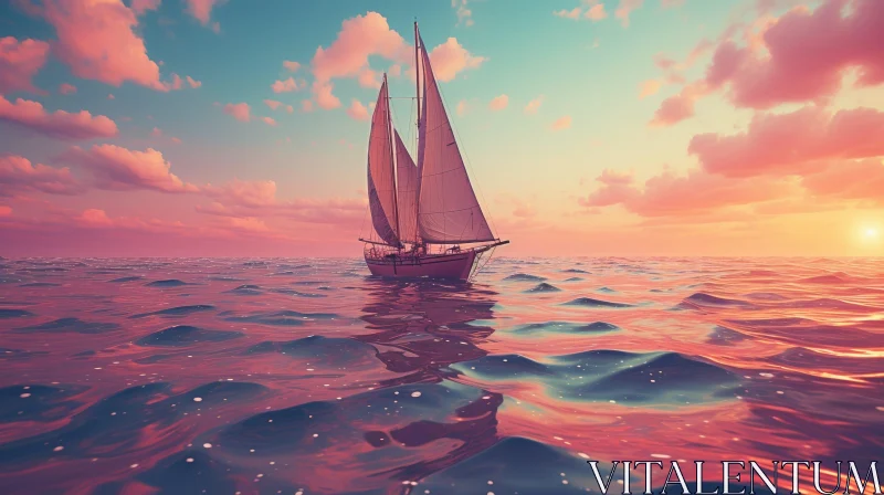 AI ART Tranquil Seascape with Sailboat | Orange-Pink Sky | Serene Water