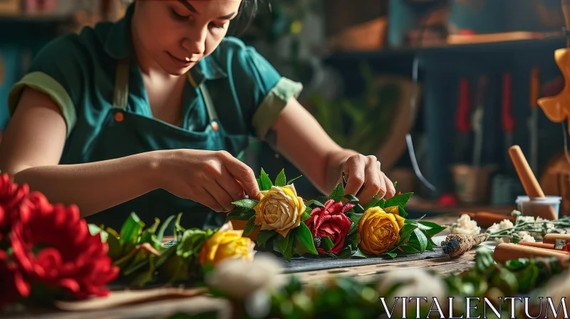 Woman Creating Floral Wreath | Creative Process Beauty AI Image