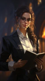 Young Woman in Black Suit with Book