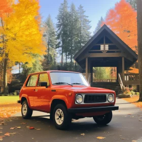 Captivating Red SUV in Classic Japanese Simplicity | Serene Landscape