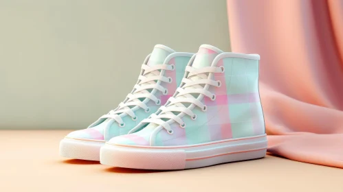 Light Blue & Pink Checkered High-Top Sneakers on Pink Surface